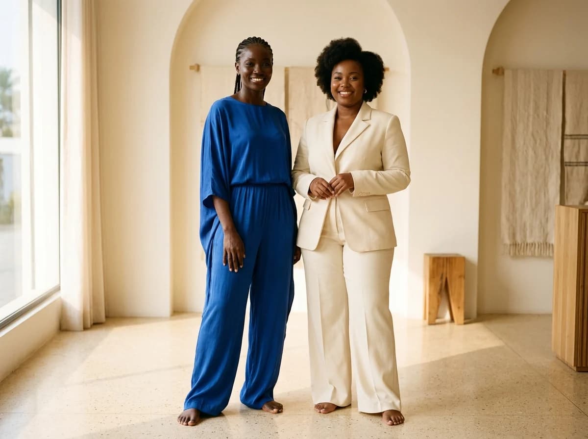 Deux femmes noires en tenues contemporaines bleue et crème, illustration de l’univers mode de la boutique